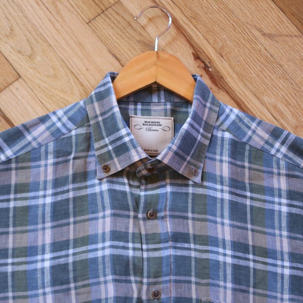 Maurizio Baldassari Brera Shirt Men's L Plaid 100% Linen Button-Down Azure Gray - Picture 5 of 8